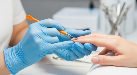 Close-up of professional manicurist in blue protective gloves performing cuticle removal and care on a client's hand in a modern beauty salon.