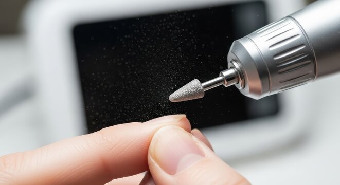 Professional electric nail drill filing a fingernail, captured in a detailed close-up showing dust particles flying during the modern manicure process.