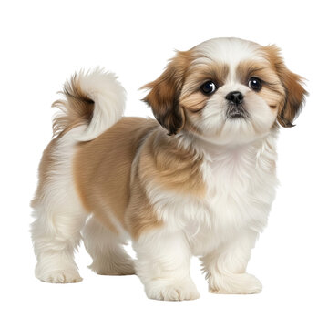 A small, adorable Shih Tzu dog breed standing on its hind legs, showcasing its fluffy fur and friendly demeanor in a studio setting.