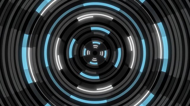 Abstract digital tunnel with glowing blue and white concentric segmented circles on a dark background.