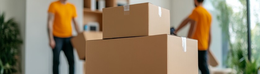 Moving Day Stacked Cardboard Boxes and Movers in Orange, relocation , delivery