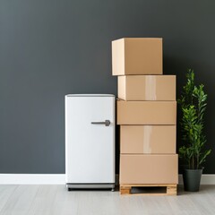 Moving Day Still Life Fridge, Stacked Boxes and Plant Against Dark Wall, moving , boxes
