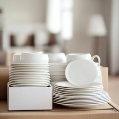Moving House Stacked White Dishes and Packing Boxes, Relocation, Home decor