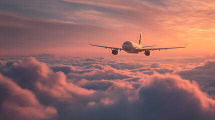 Un avion vole au-dessus des nuages au coucher du soleil dans un ciel rose.