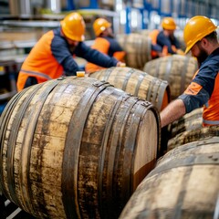 Oak Barrels at Distillery Workers in Protective Gear Inspecting, Wine , Aging Process