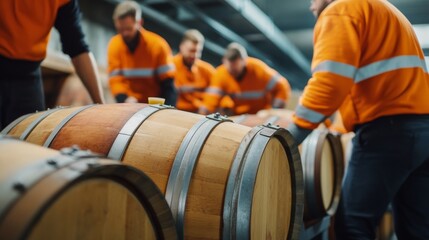 Oak Barrels in Winery with Workers Inspecting, Wine , Cellar