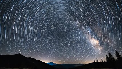 Stunning night sky timelapse with star trails over mountain landscape