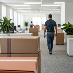 Office Relocation Boxes Stacked, Man Walking in New Space , Moving , Workspace