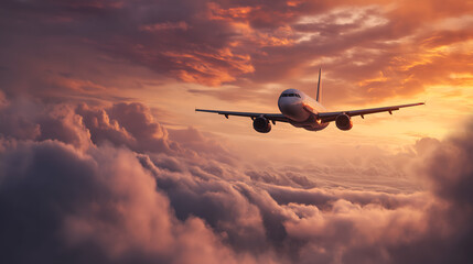 Un avion survole des nuages pendant le coucher de soleil.