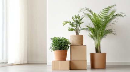 Potted Plants on Moving Boxes in Bright Room, Interior , Moving