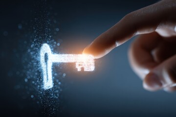Hand reaches for glowing digital key symbolizing access in a futuristic setting highlighting the importance of cybersecurity