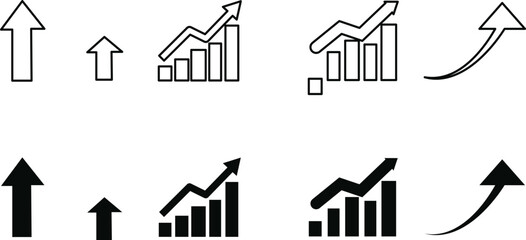Various upward trending arrow and graph icon representations displayed