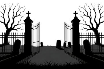 Black silhouette of a gated cemetery entrance