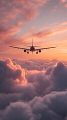 Un avion vole au-dessus des nuages pendant un coucher de soleil.