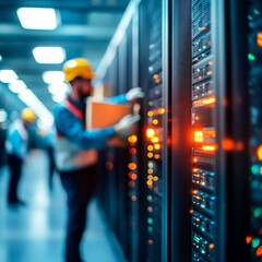 Server Room Maintenance Technician Inspecting Data Center Racks, IT infrastructure, Network engineering
