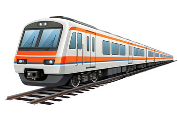 Obraz premium Cartoon commuter train, on railroad tracks with orange and blue stripes, cutout, PNG isolated on transparent background