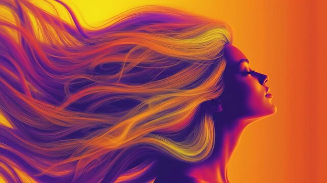 Woman with flowing hair in a colorful abstract animation, transitioning from orange to yellow hues expressive concept