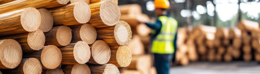 Stacked Logs at Lumberyard, worker in background, forestry , timber
