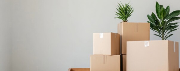 Stacked Moving Boxes with Plants on Table against Gray Wall, Moving, Home Decor