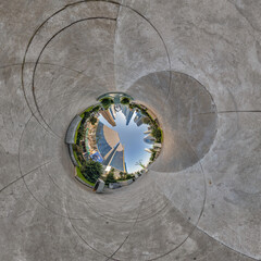 sphere inside overlooking multi-storey buildings of skyscrapers of residential complex, urban development. Transformation of spherical 360 panorama in abstract aerial view.