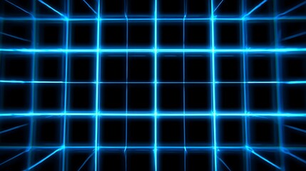 Neon blue grid pattern on black background with glowing lines and squares, futuristic cyber design element with vibrant electric blue lines