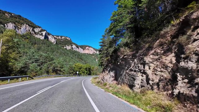 Driving through the Roncal Valley from Sigues to Isaba, Valle de Roncal in Navarre, Navarra Spain, Europe