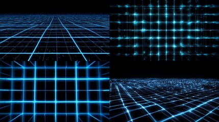 Futuristic neon grid patterns, glowing blue lines on black background, digital landscape, cyberpunk theme, futuristic technology, 3d rendering, collection of four