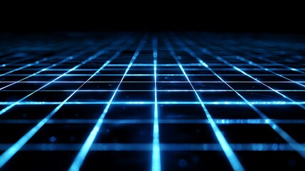 Neon blue grid pattern on dark background with futuristic lighting and grid lines extending into the distance