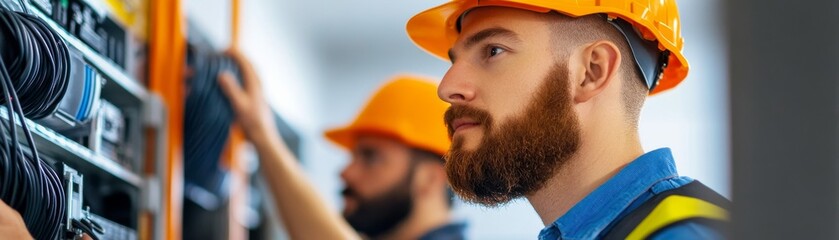 Technician with Hard Hat Inspecting Server Cables, Networking , Data center