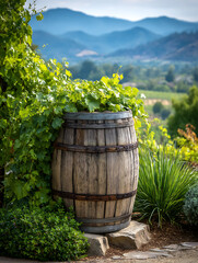 The oak barrel stand is surrounded by lush green grapevine leaves