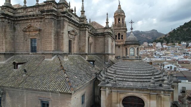 Drone Close-Up of Jaen Cathedral Towers and Detailed Front Facade, Spain