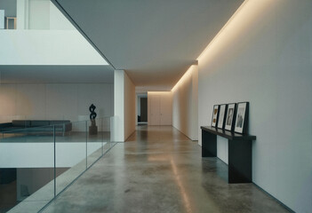 Modern minimalist hallway with concrete floor, white walls, and recessed lighting featuring a black console table with framed art.