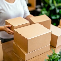 Woman Holding Cardboard Boxes for Shipping, Packaging ,Delivery
