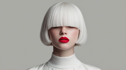 Beauty Woman with Red lips and White Color Hair. Blondy Hair, Hairstyle. Beautiful female face with bright make-up, closeup. Colour trend of 2026. Cloud Dancer Color Pantone 11-4201