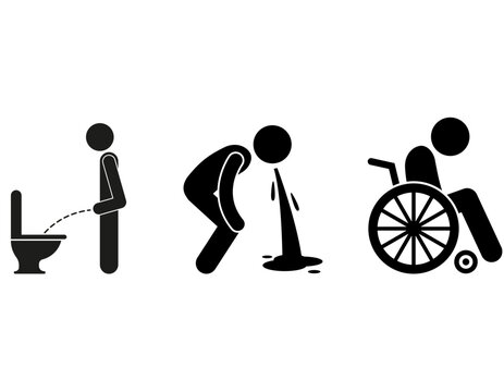 Three black stick figures depicting urination, vomiting, and a person in a wheelchair, isolated on a white background.