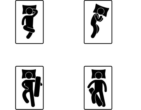 Four stick figures illustrating different sleeping positions on a bed, including back, side, and stomach sleepers.