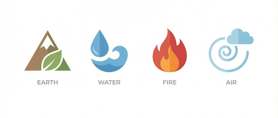 Flat vector icon set of four nature elements: Earth, Water, Fire, and Air. Minimalist symbols including a mountain leaf, water drop, flame, and wind spiral. Clean graphic design on white background.
