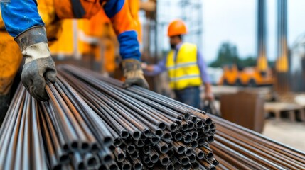 Worker Handling Steel Rebar at Construction Site, construction , rebar