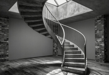 A black and white image of a spiral staircase in an industrial-style room with brick walls, concrete ceiling, wooden floor, and natural light from skylights.