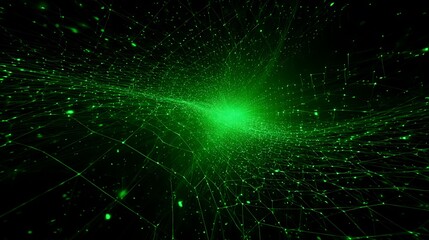 Vibrant green digital background with glowing connections and light trails on dark space