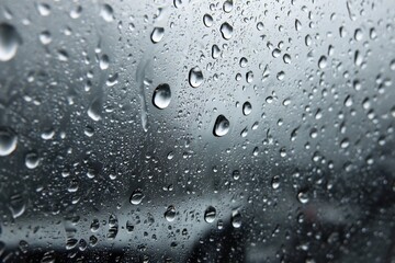 Raindrops create a beautiful pattern on the window glass, reflecting the gray sky and the blurred scenery outside during a rainy day