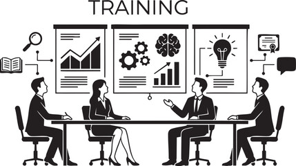 Business meeting with charts brain lightbulb and book icons above people at table chairs