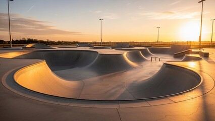 Empty Skate Park at Sunset with Ramps and Bowls in Urban Setting