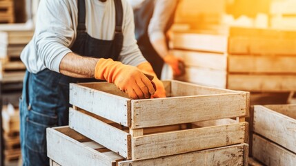 Worker Stacking Wooden Crates in Warehouse, Farming ,Agriculture