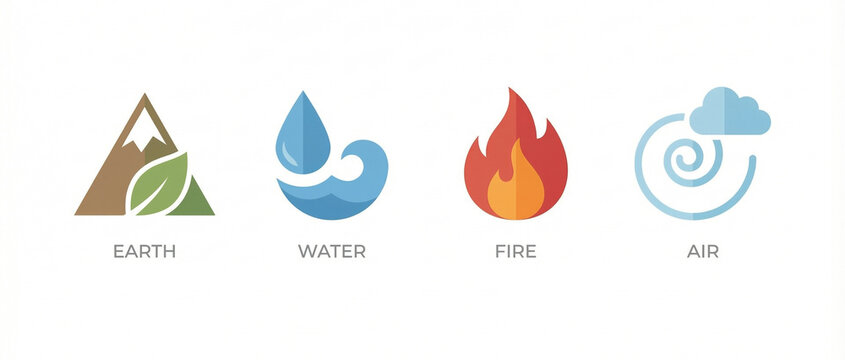 Flat vector icon set of four nature elements: Earth, Water, Fire, and Air. Minimalist symbols including a mountain leaf, water drop, flame, and wind spiral. Clean graphic design on white background.