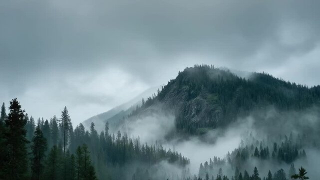 Misty mountain landscape with tall pine trees and fog drifting through valleys under a cloudy sky.