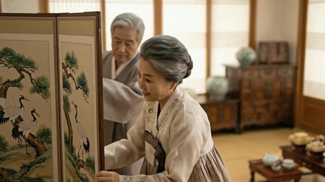 Elderly Korean couple sets traditional folding screen. Featuring cranes and pines painting. In hanok room for Seollal prep. Senior man and woman in hanbok smile happily. (168 characters)