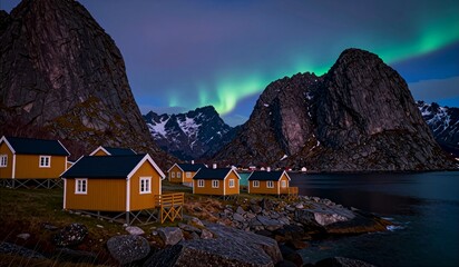 Charming yellow cabins glow under the mystical northern lights in Norway's scenic landscape