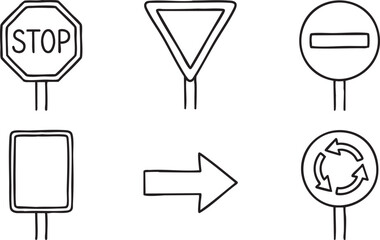 Collection of hand drawn traffic signs and directional arrows on white background stop yield © MOHAMMAD