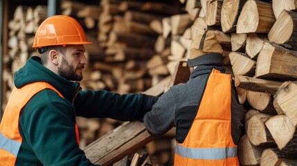 Workers stacking wood pile wearing safety gear, Forestry , Lumberjack